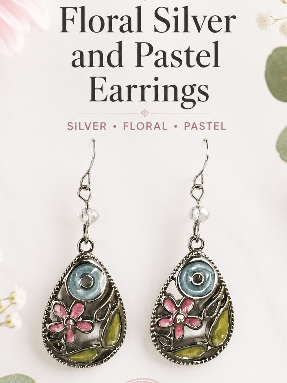 3/$20 Floral Silver and Pastel Earrings